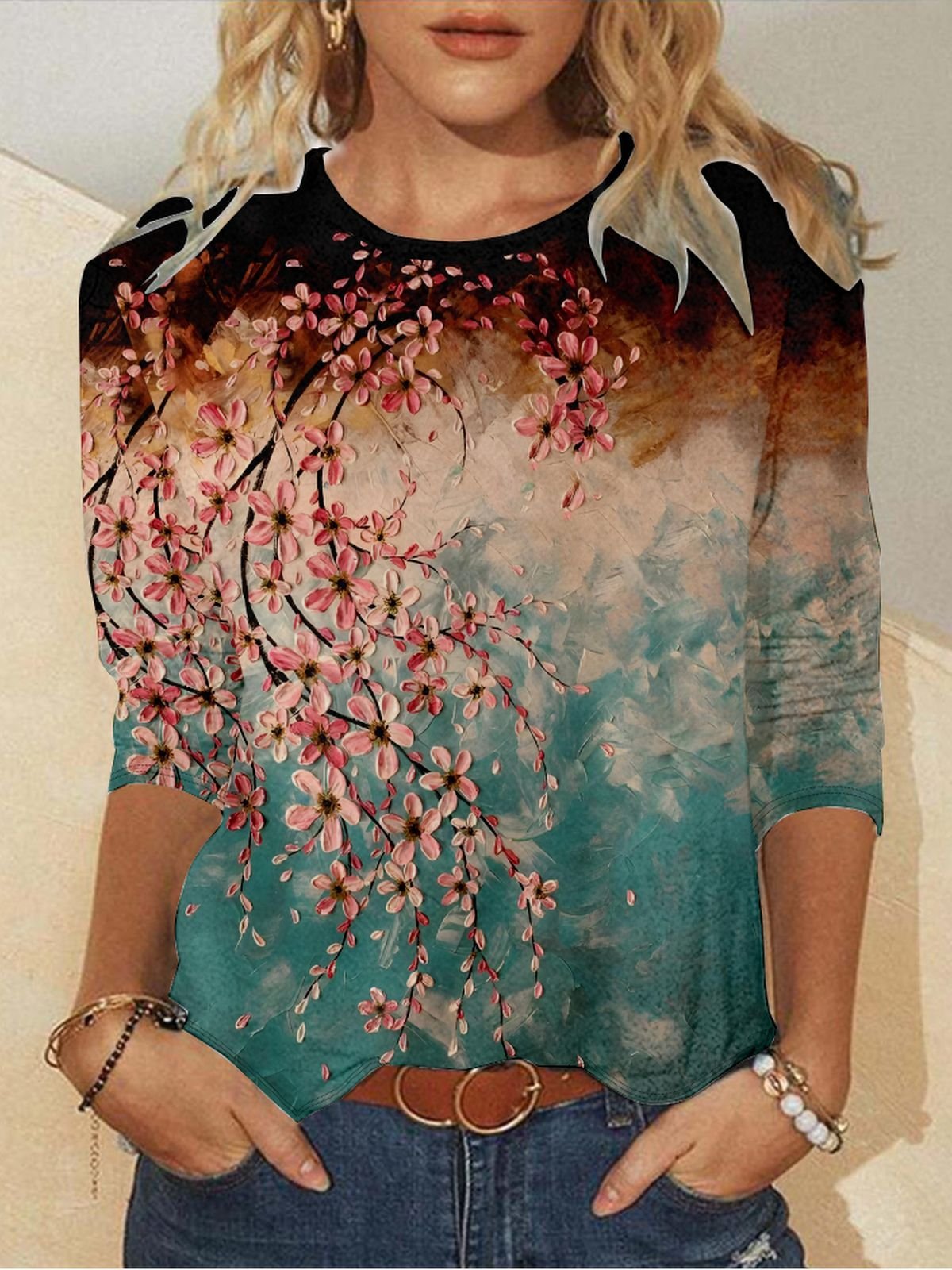 Lässig Gestreift Rundhals Langarm T-Shirt