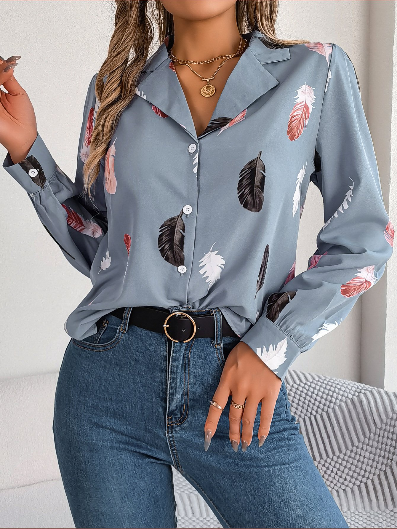 Hemdkragen Langarm Blätter Regelmäßig Weit Bluse für Damen