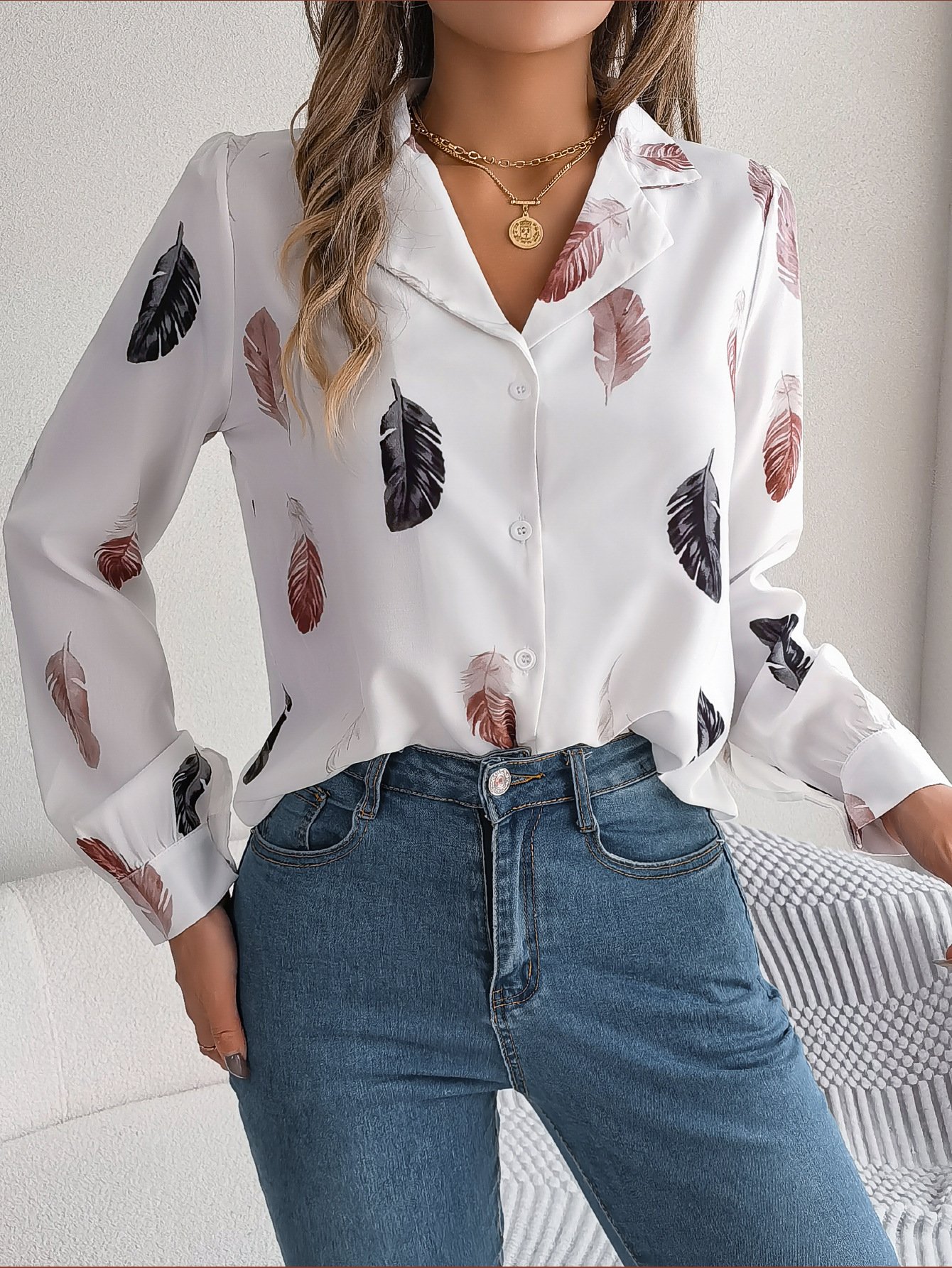 Hemdkragen Langarm Blätter Regelmäßig Weit Bluse für Damen