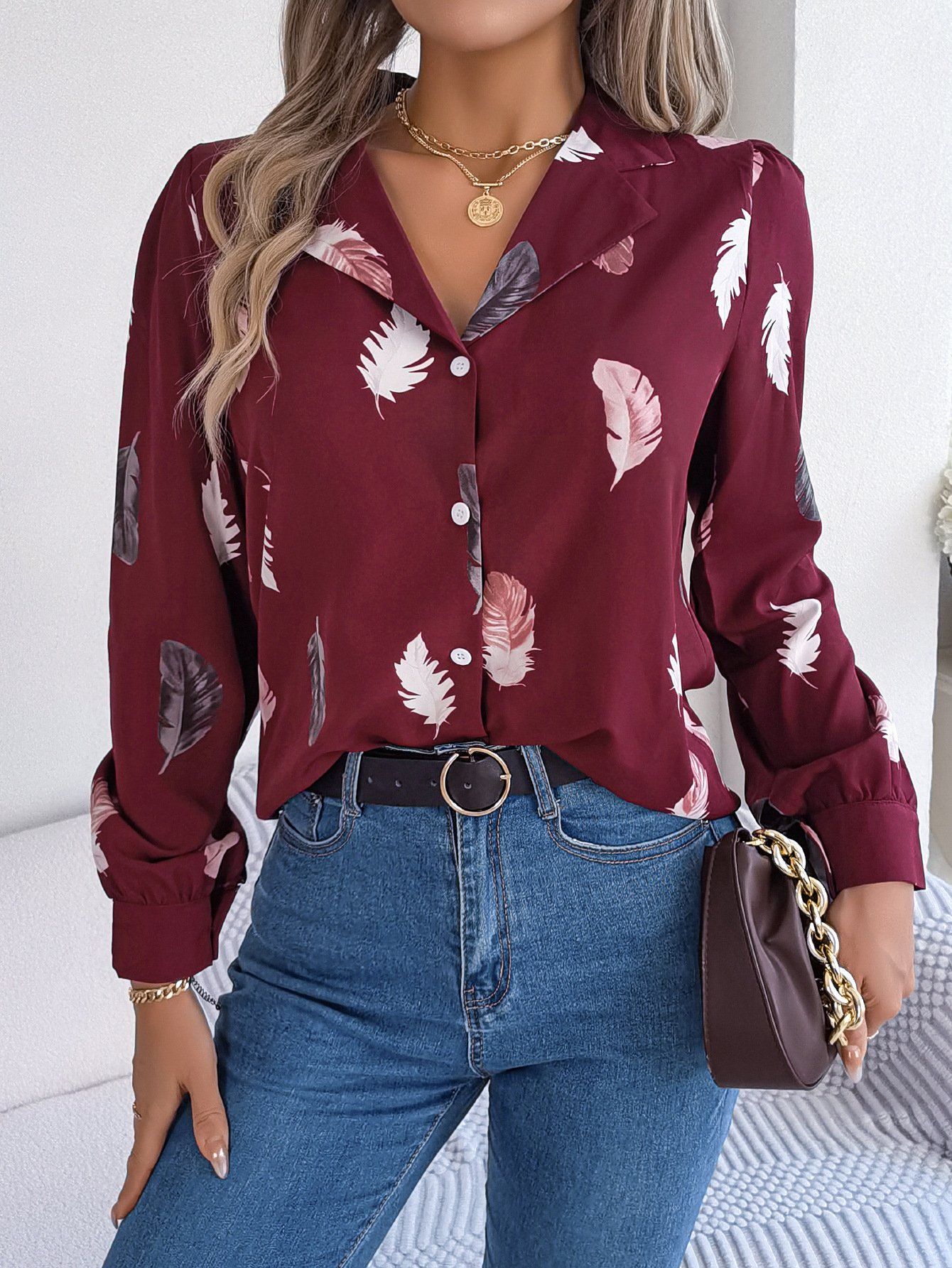 Hemdkragen Langarm Blätter Regelmäßig Weit Bluse für Damen