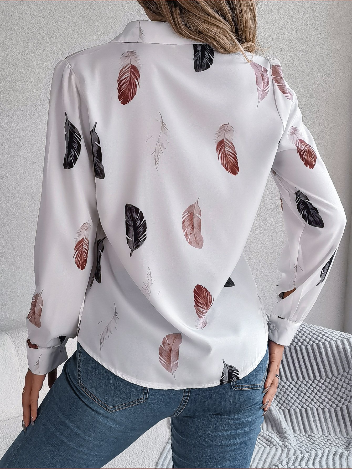 Hemdkragen Langarm Blätter Regelmäßig Weit Bluse für Damen
