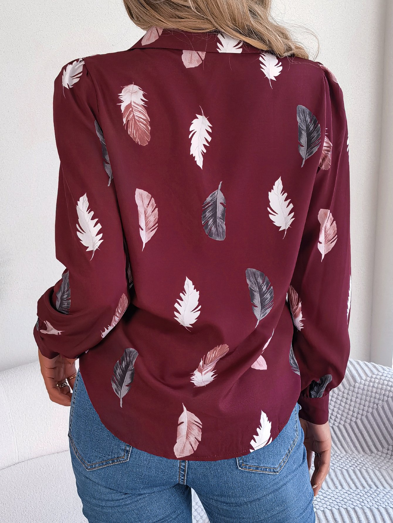 Hemdkragen Langarm Blätter Regelmäßig Weit Bluse für Damen