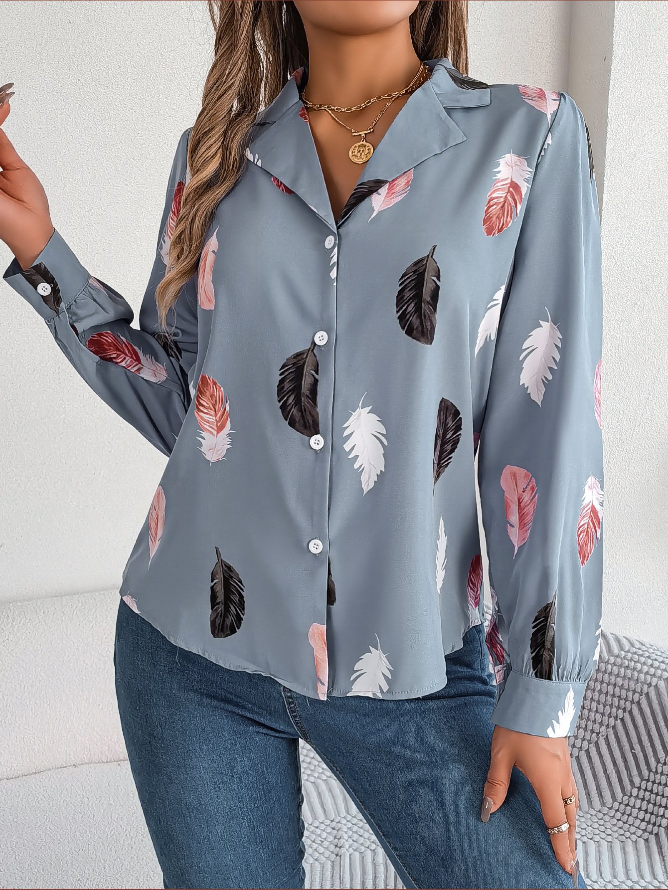 Hemdkragen Langarm Blätter Regelmäßig Weit Bluse für Damen