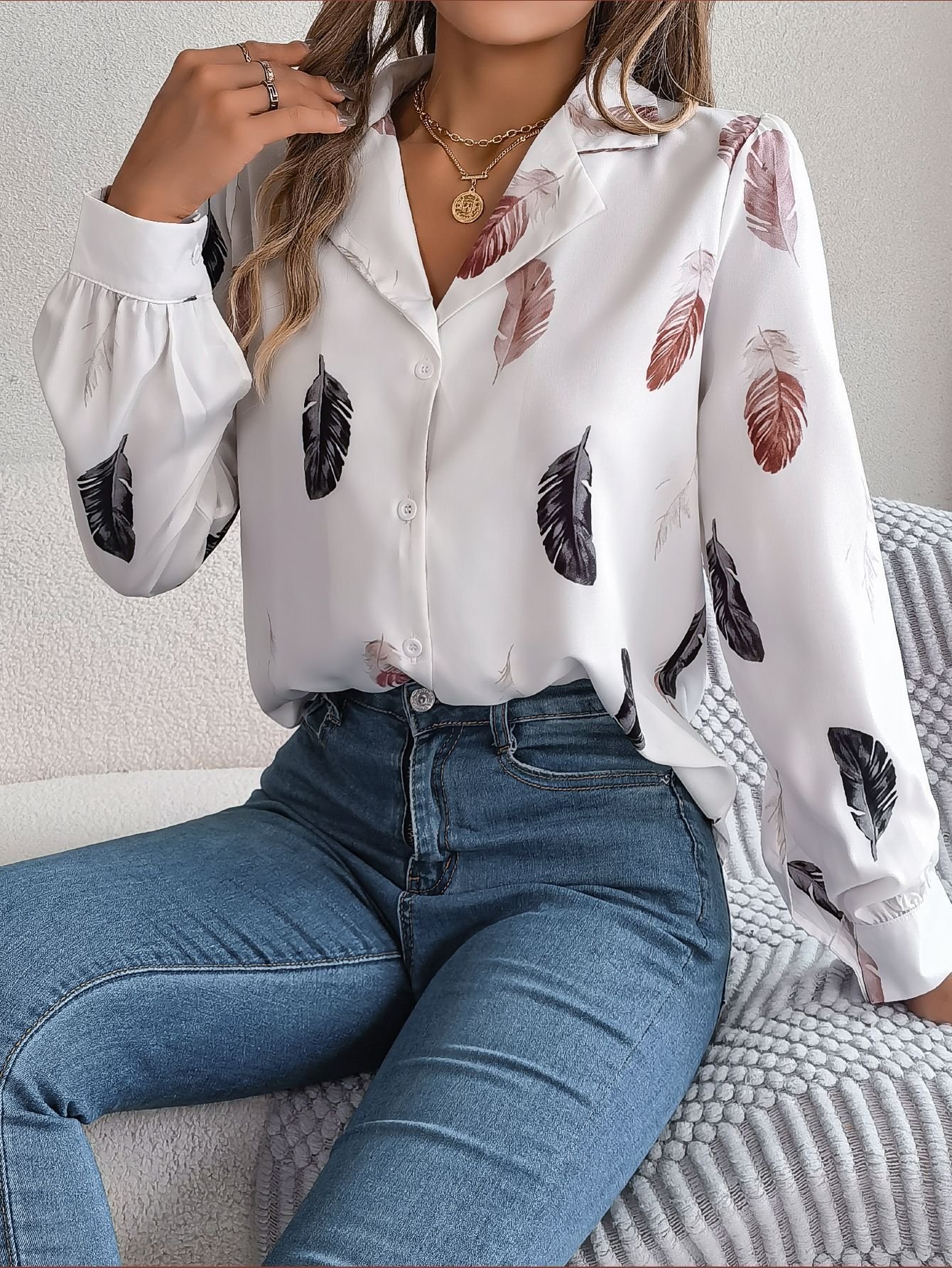 Hemdkragen Langarm Blätter Regelmäßig Weit Bluse für Damen