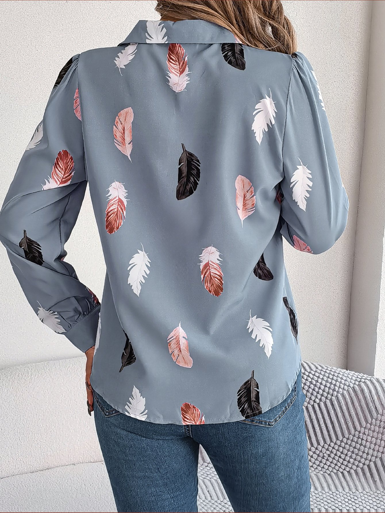 Hemdkragen Langarm Blätter Regelmäßig Weit Bluse für Damen