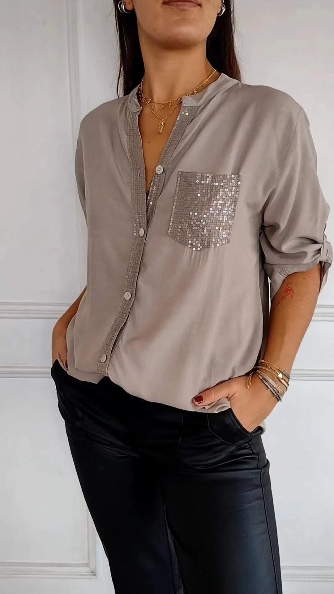 Hemdkragen Langarm Unifarben Regelmäßig Weit Bluse für Damen