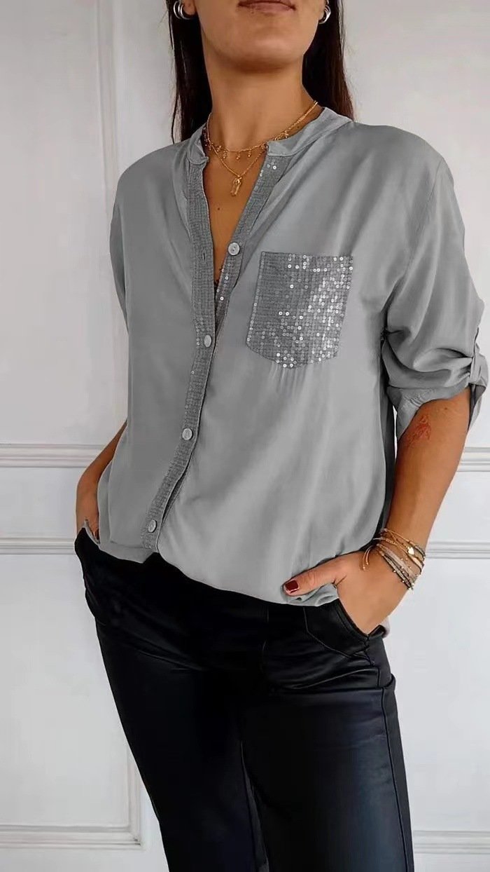 Hemdkragen Langarm Unifarben Regelmäßig Weit Bluse für Damen