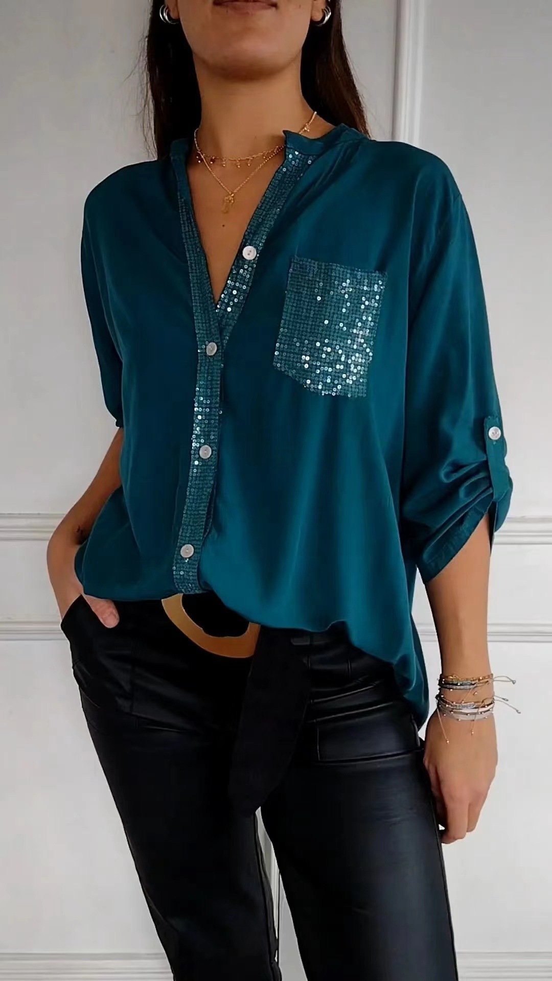 Hemdkragen Langarm Unifarben Regelmäßig Weit Bluse für Damen
