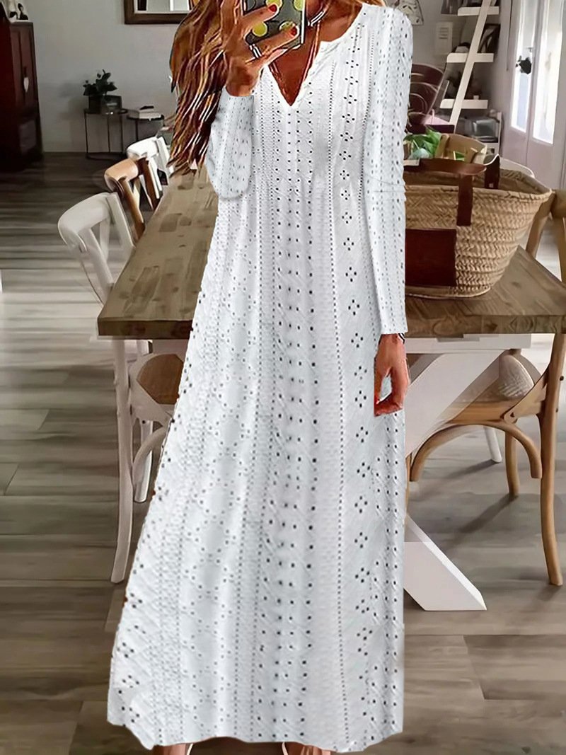 Damen Unifarben Gekerbt Langarm Bequem Lässig Maxikleid