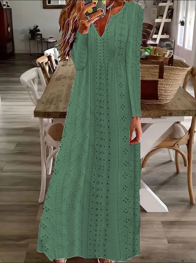 Damen Unifarben Gekerbt Langarm Bequem Lässig Maxikleid