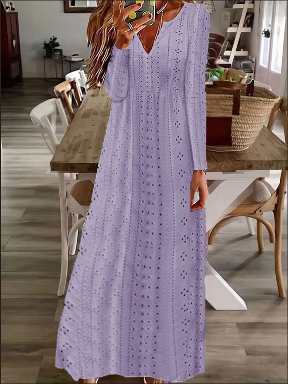 Damen Unifarben Gekerbt Langarm Bequem Lässig Maxikleid