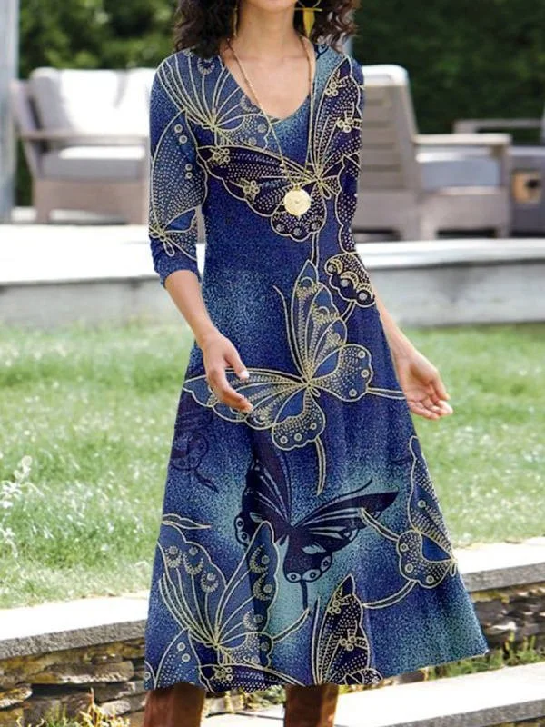 Damen Geblümt V-Ausschnitt Langarm Bequem Lässig Maxikleid