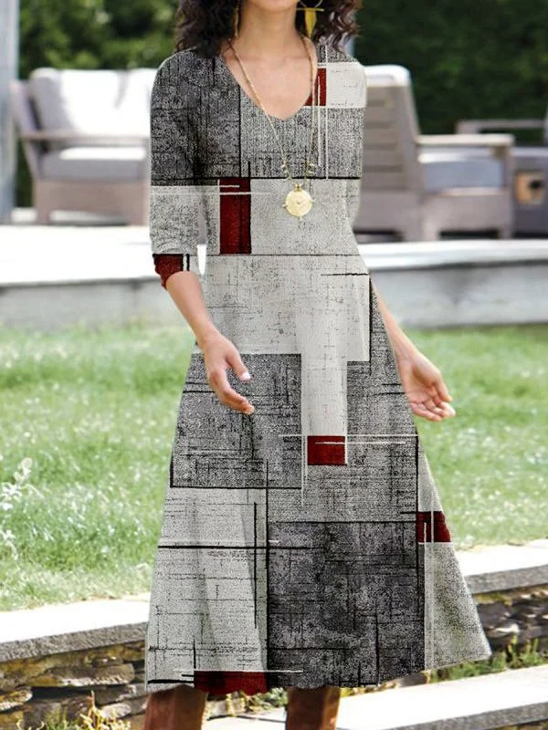 Damen Geblümt V-Ausschnitt Langarm Bequem Lässig Maxikleid