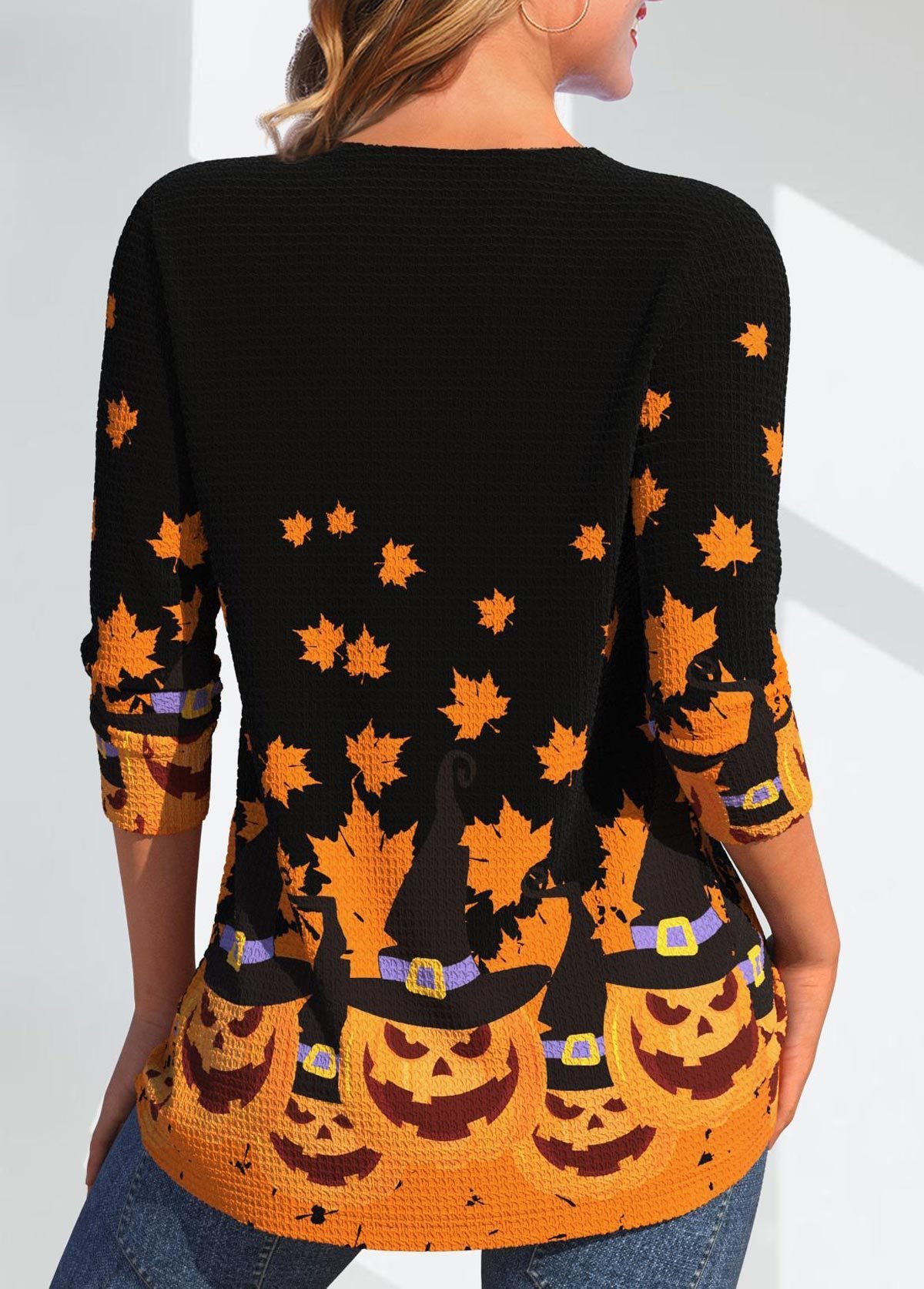 Kreuzhals Langarm Halloween Spitze Regelmäßig Mikroelastizität Weit Bluse für Damen