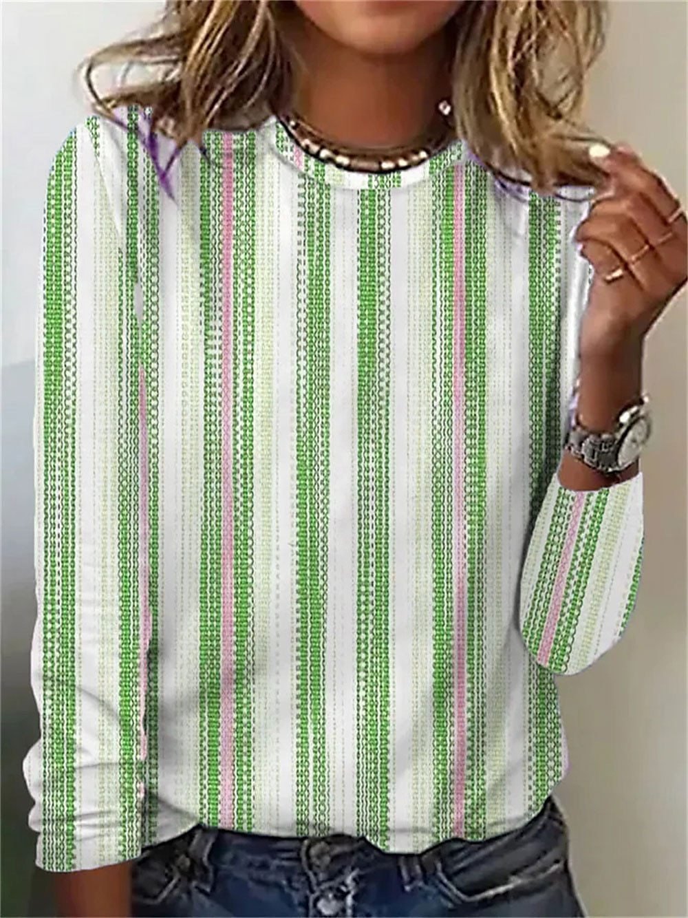 Lässig Gestreift Rundhals Langarm T-Shirt