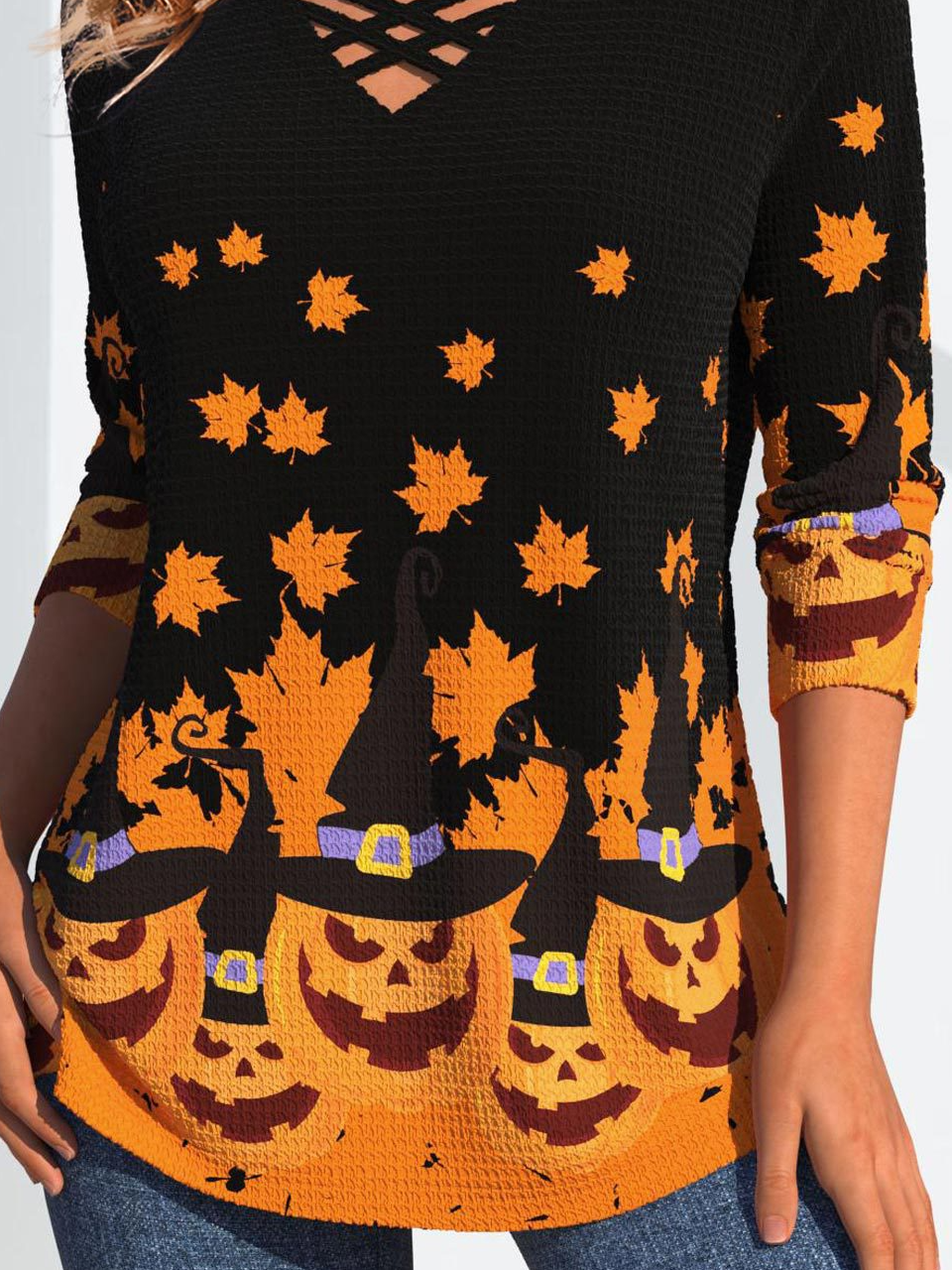 Kreuzhals Langarm Halloween Spitze Regelmäßig Mikroelastizität Weit Bluse für Damen