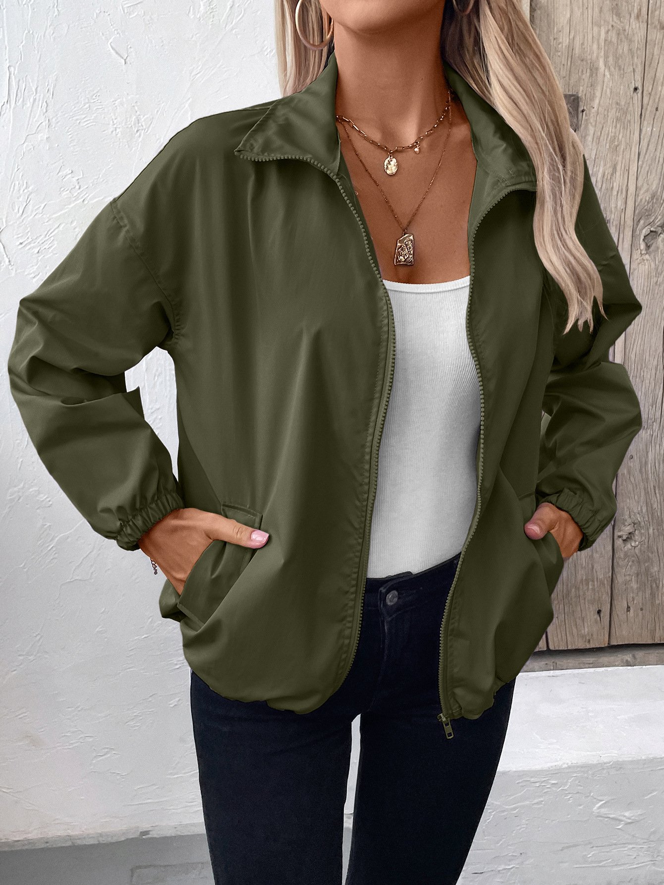 Damen Unifarben Regelmäßig Weit Jacke