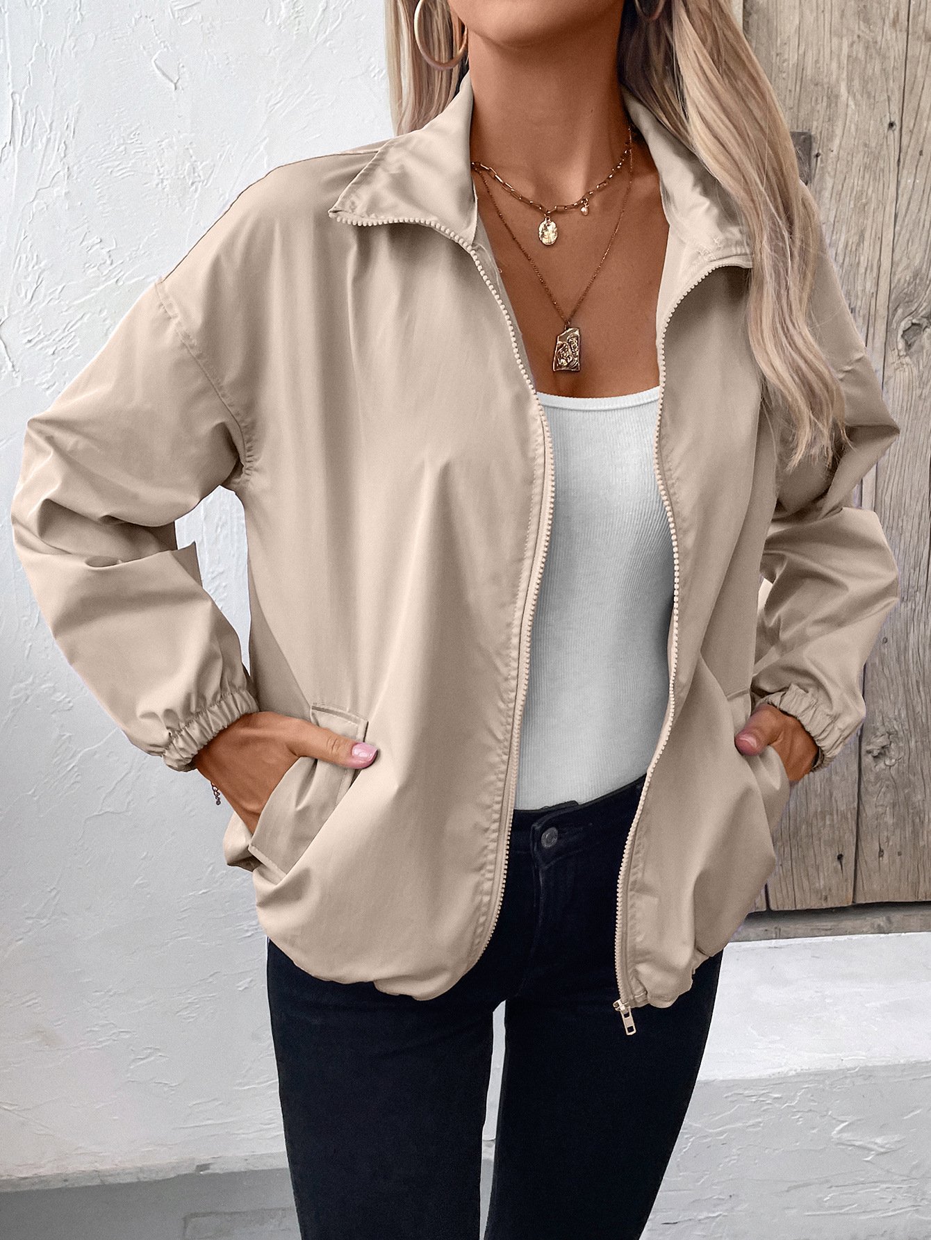 Damen Unifarben Regelmäßig Weit Jacke