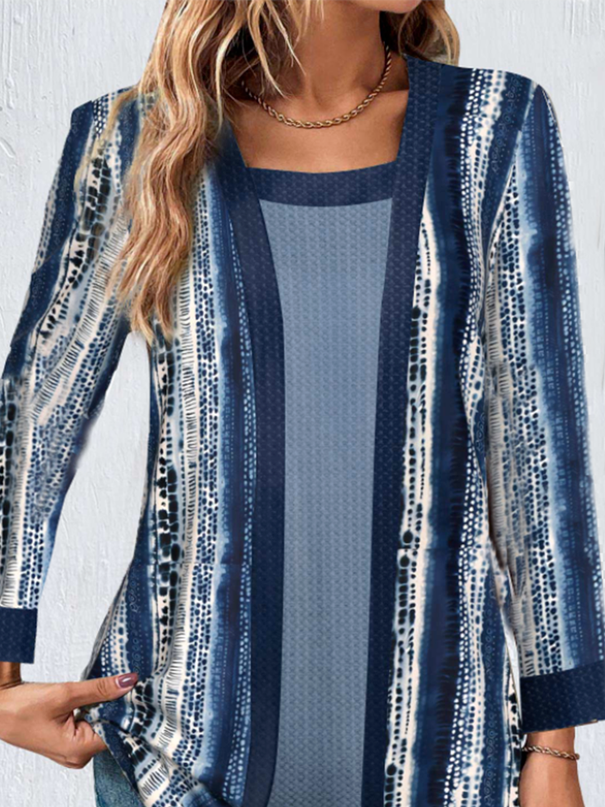 Rundhals Langarm Geometrisch Regelmäßig Mikroelastizität Weit Spotten Zweiteiliges Bluse für Damen