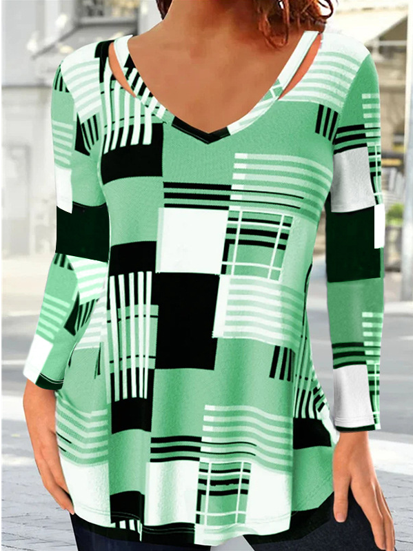 V-Ausschnitt Langarm Kariert Regelmäßig Weit Bluse für Damen