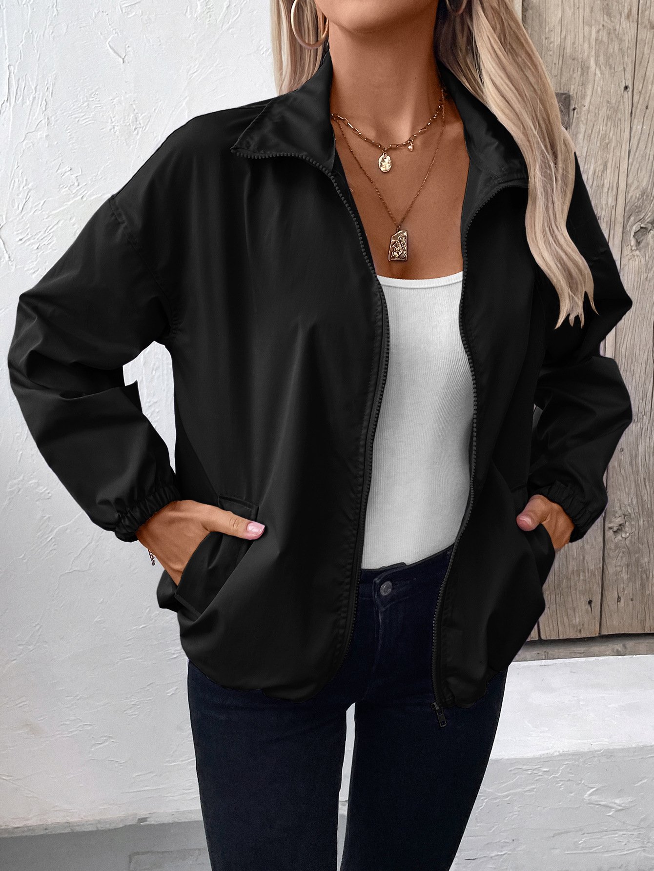 Damen Unifarben Regelmäßig Weit Jacke