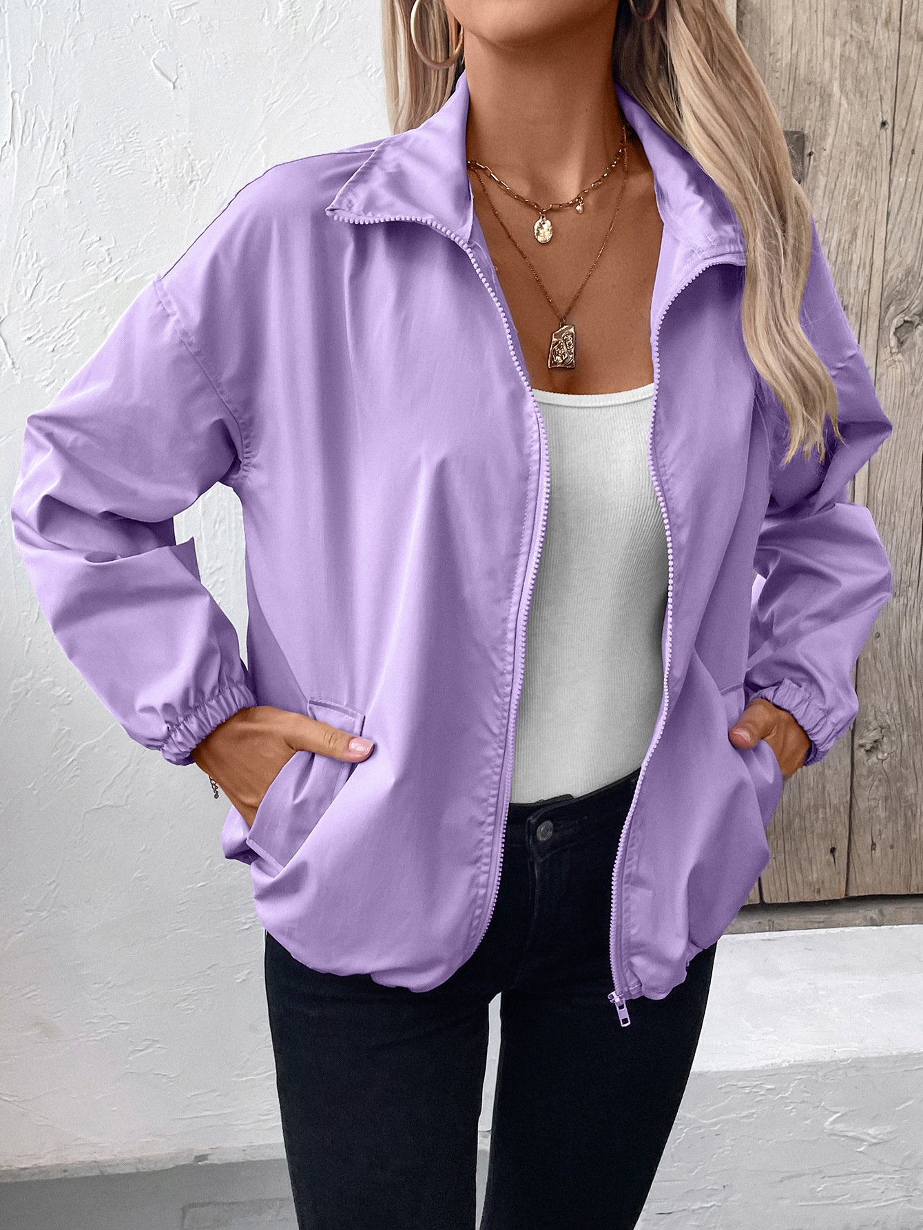 Damen Unifarben Regelmäßig Weit Jacke
