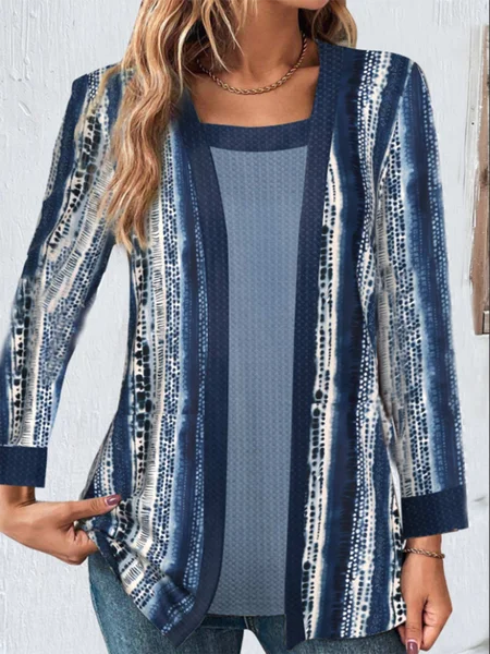 Rundhals Langarm Geometrisch Regelmäßig Mikroelastizität Weit Spotten Zweiteiliges Bluse für Damen