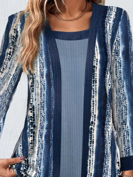 Rundhals Langarm Geometrisch Regelmäßig Mikroelastizität Weit Spotten Zweiteiliges Bluse für Damen