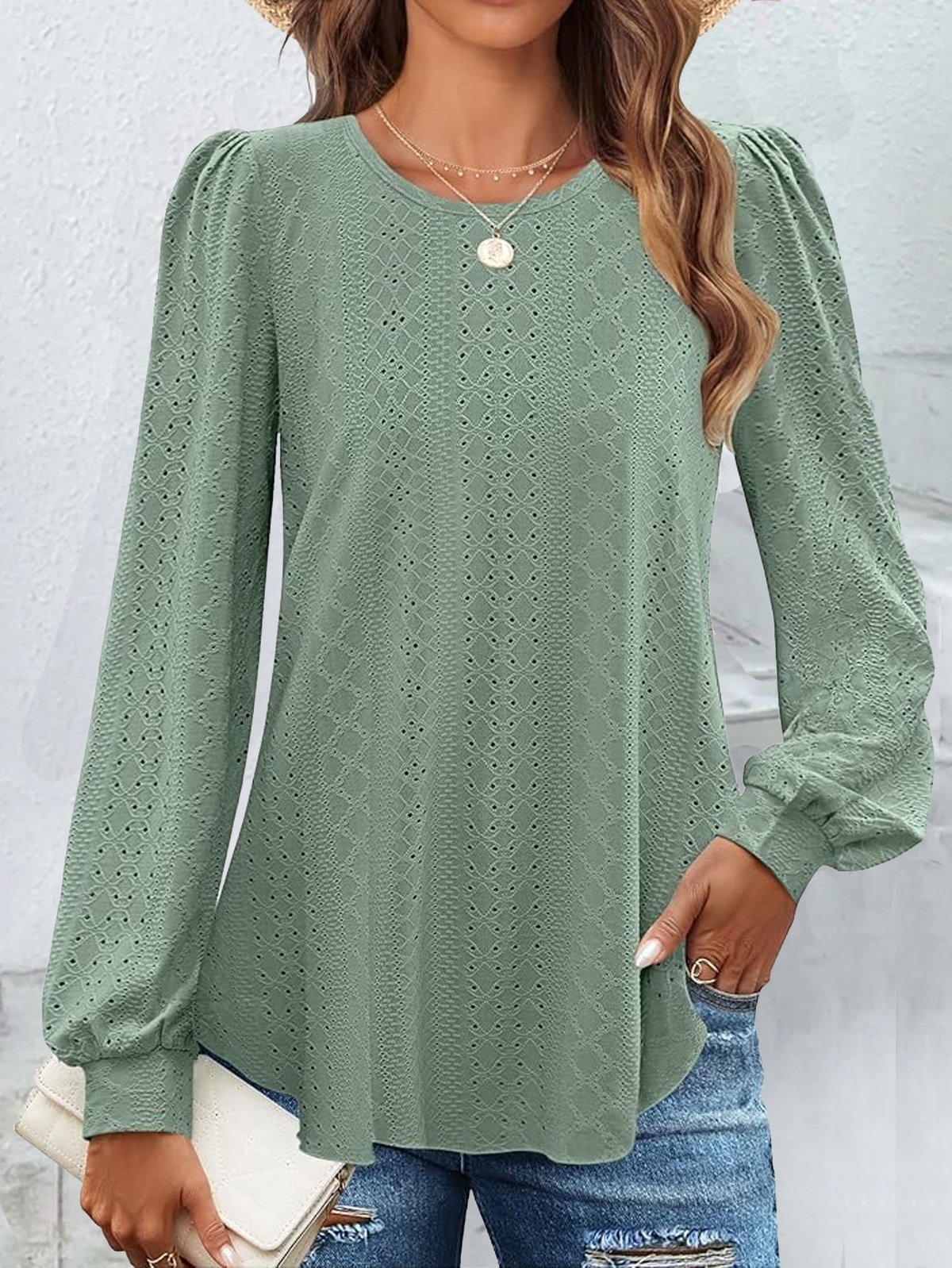 Lässig Unifarben Rundhals Langarm T-Shirt