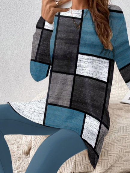 Damen Geometrisch Rundhals Langarm Bequem Lässig Bluse mit Hose Zweiteiliges Set
