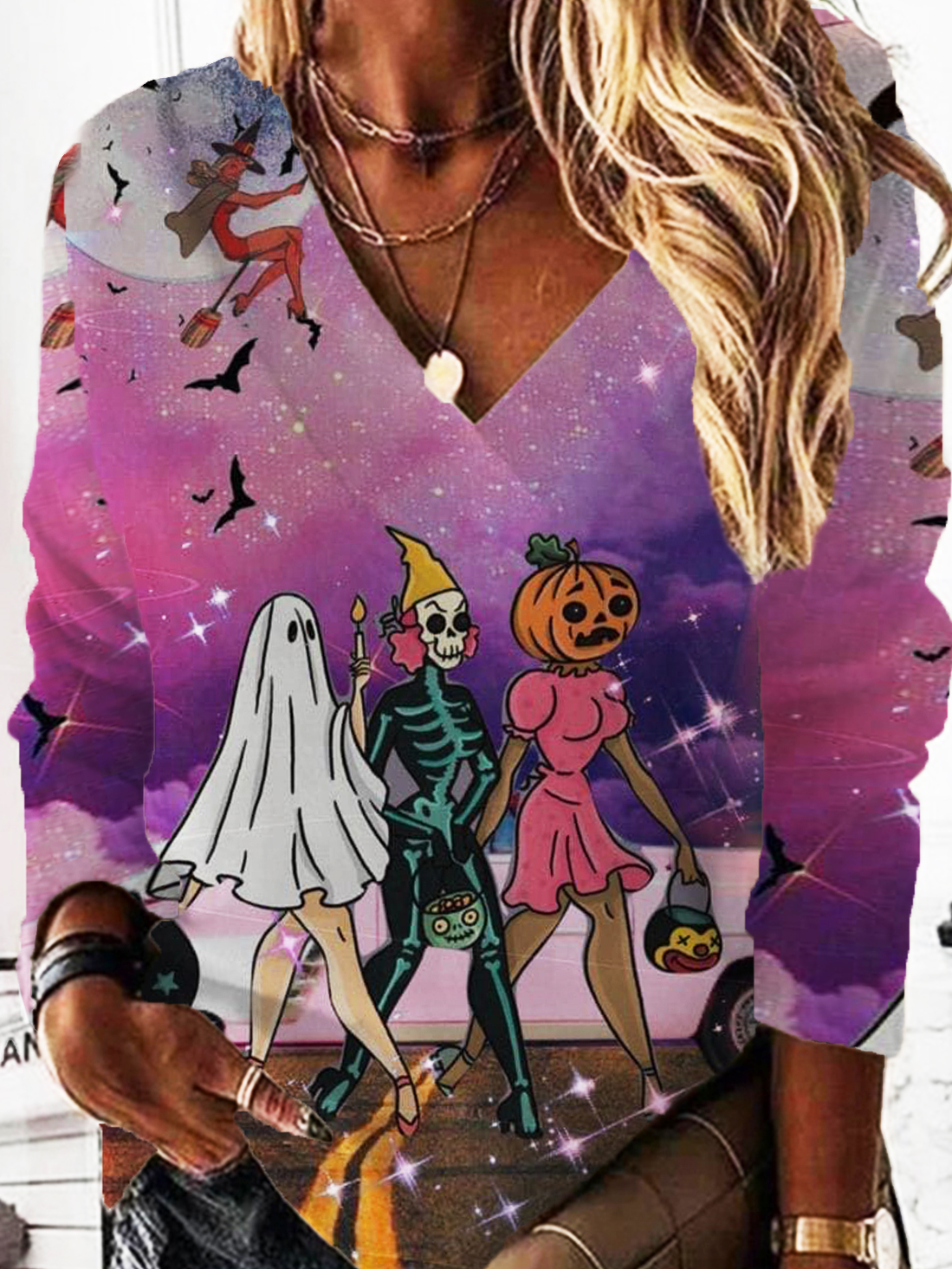 Lässig V-Ausschnitt Halloween Sweatshirt Print