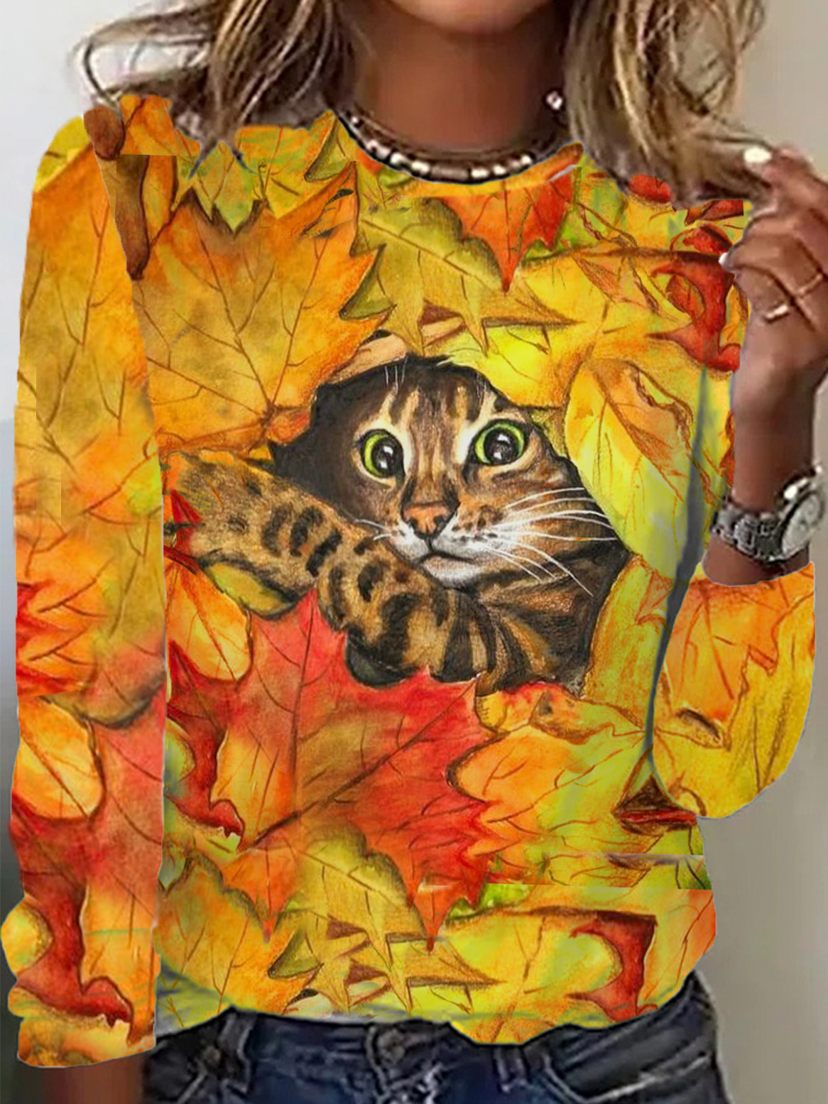 Lässig Katze Rundhals Langarm T-Shirt