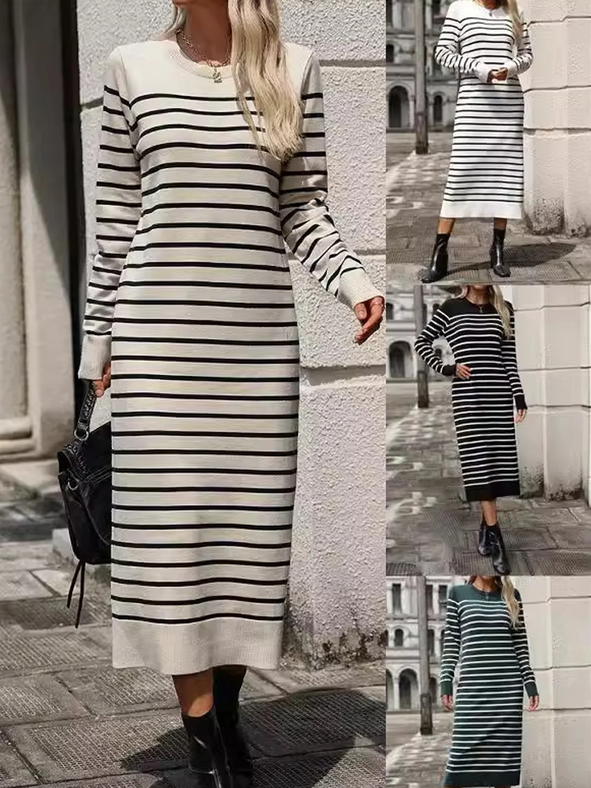 Damen Gestreift Rundhals Langarm Bequem Lässig Midi Strickkleid