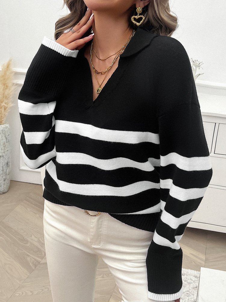 Damen Wolle/Stricken Gestreift Langarm Bequem Lässig Pullover