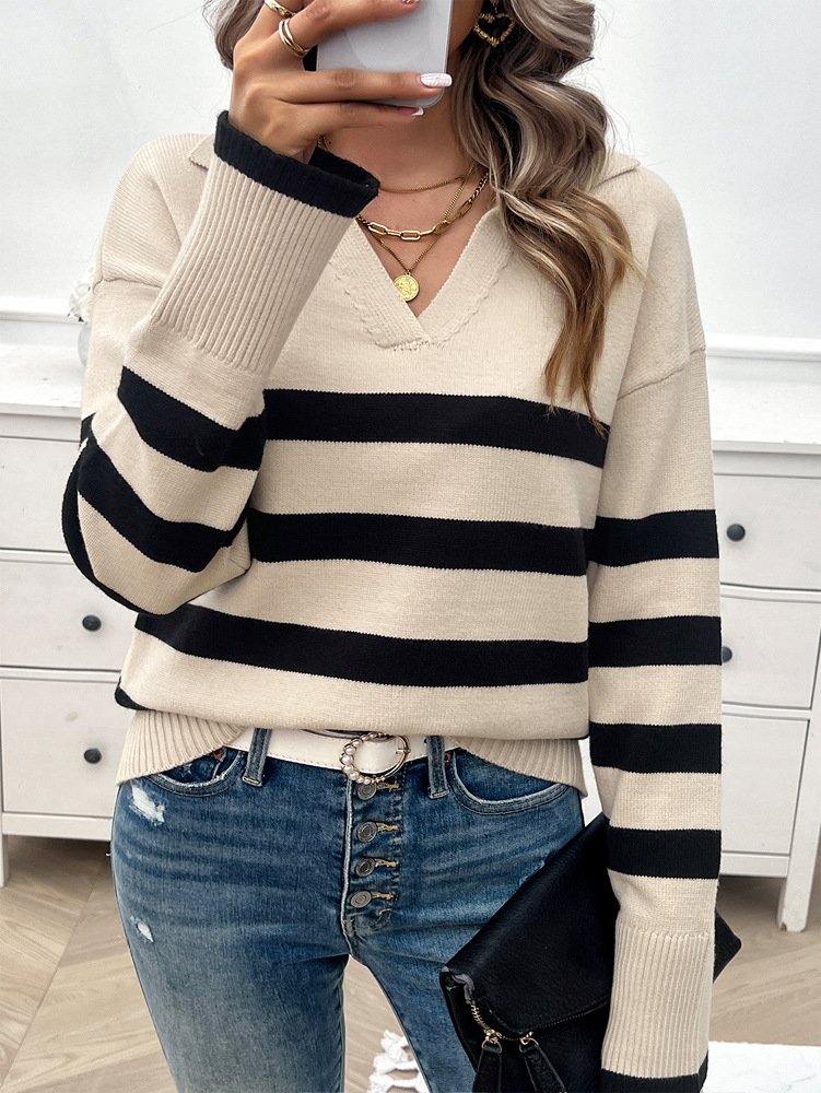 Damen Wolle/Stricken Gestreift Langarm Bequem Lässig Pullover