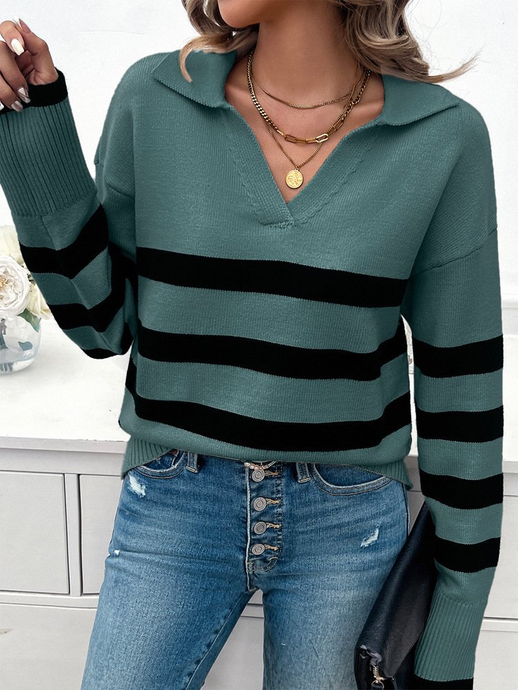 Damen Wolle/Stricken Gestreift Langarm Bequem Lässig Pullover