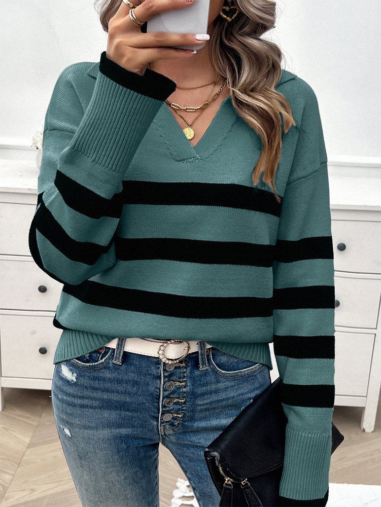 Damen Wolle/Stricken Gestreift Langarm Bequem Lässig Pullover
