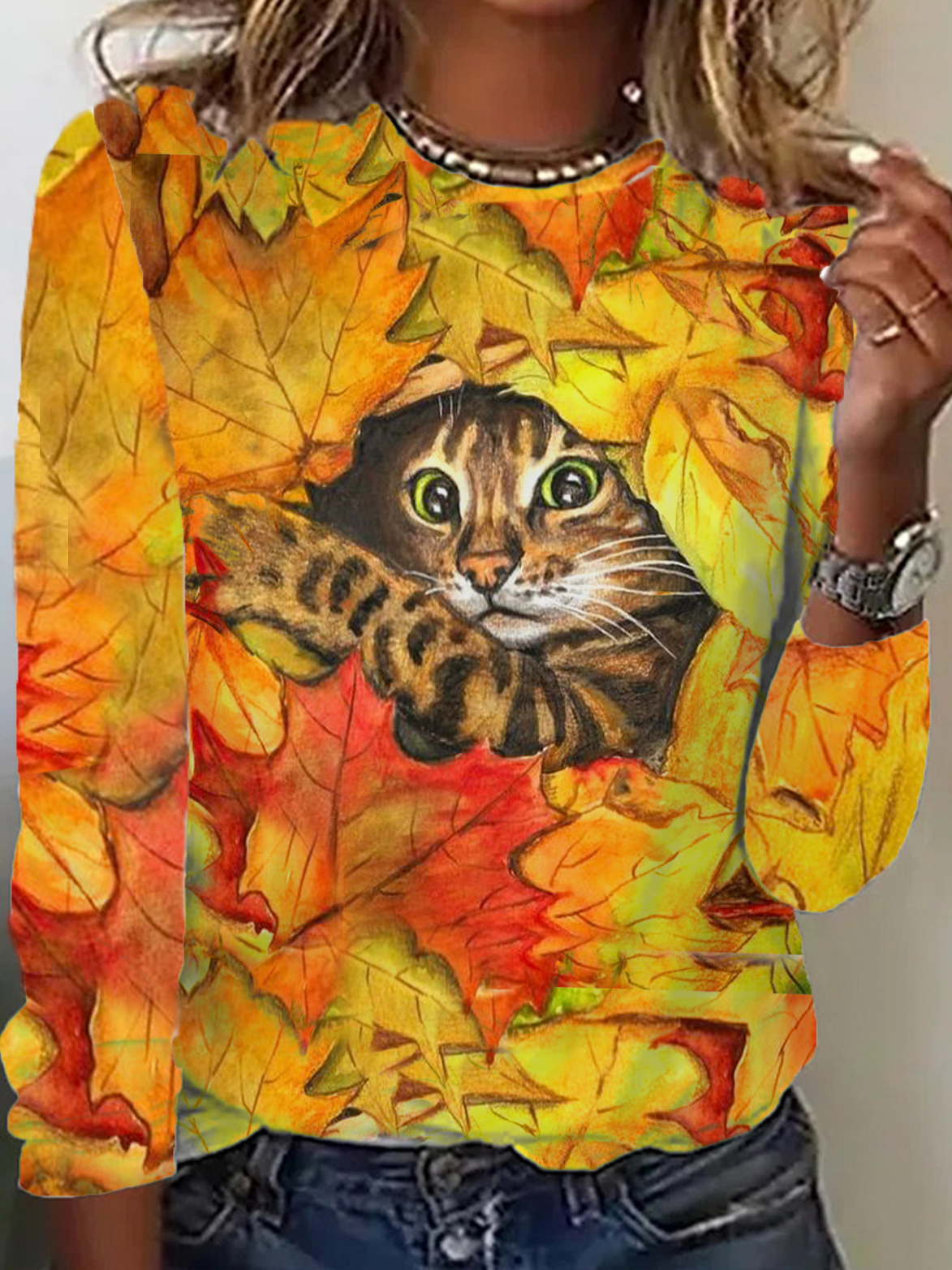 Lässig Katze Rundhals Langarm T-Shirt