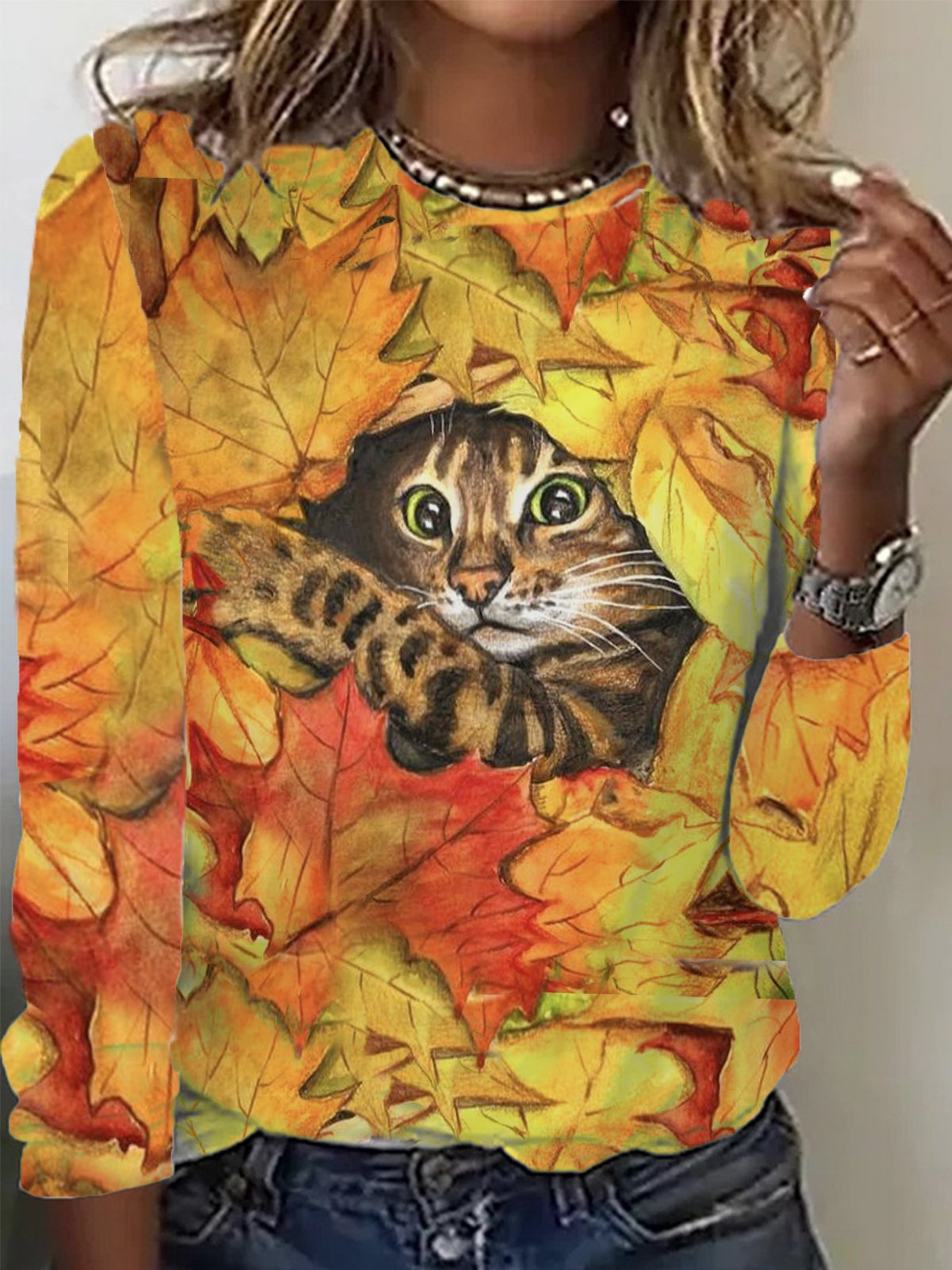 Lässig Katze Rundhals Langarm T-Shirt