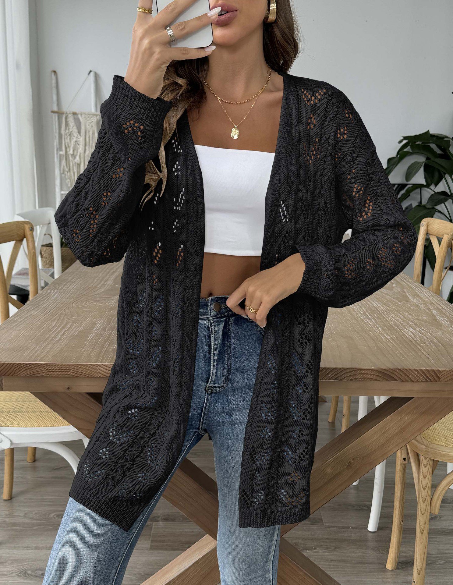Damen Wolle/Stricken Unifarben Langarm Bequem Lässig Strickjacke