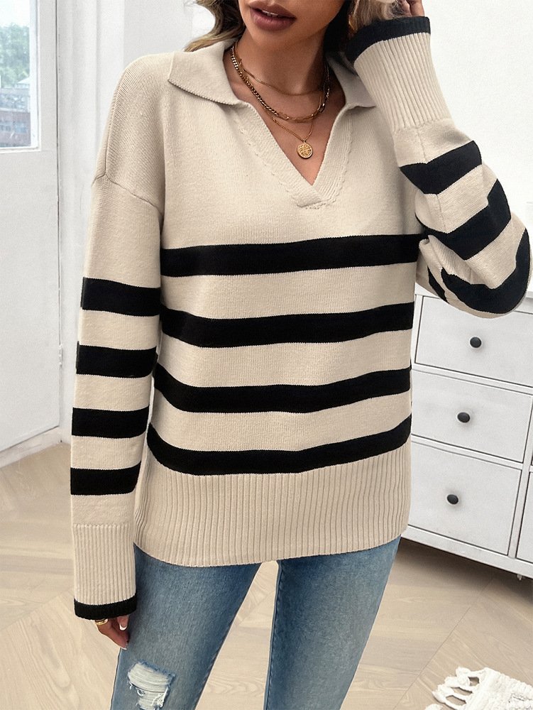 Damen Wolle/Stricken Gestreift Langarm Bequem Lässig Pullover