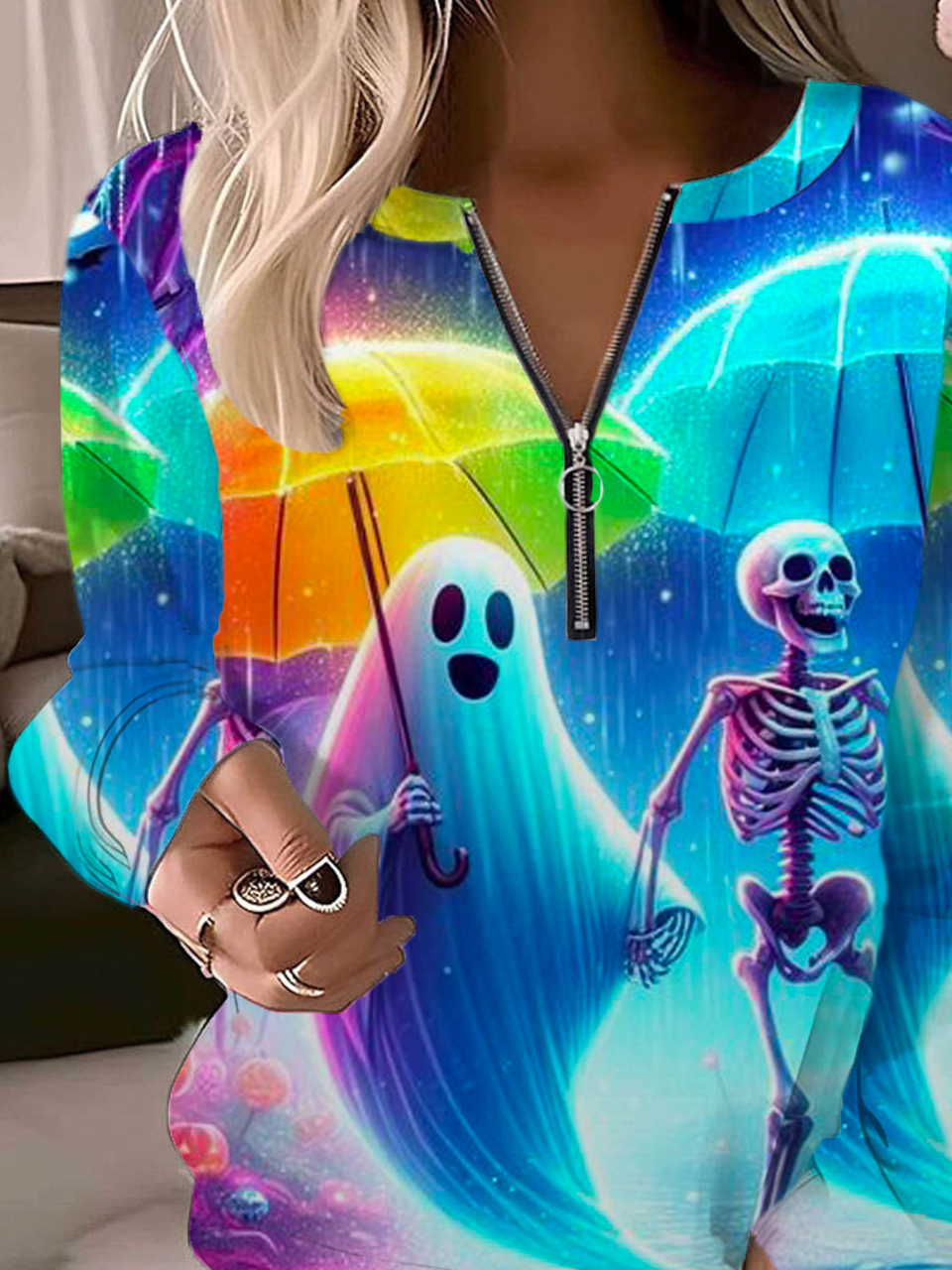 Lässig Rundhals Halloween Sweatshirt Reißverschluss