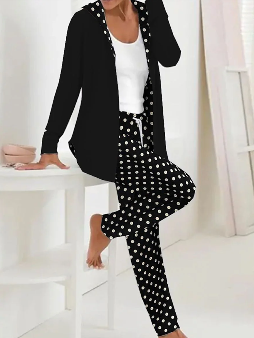 Damen Polka Dots Kapuze Langarm Bequem Lässig Mantel mit Hosen Zweiteiliges Set