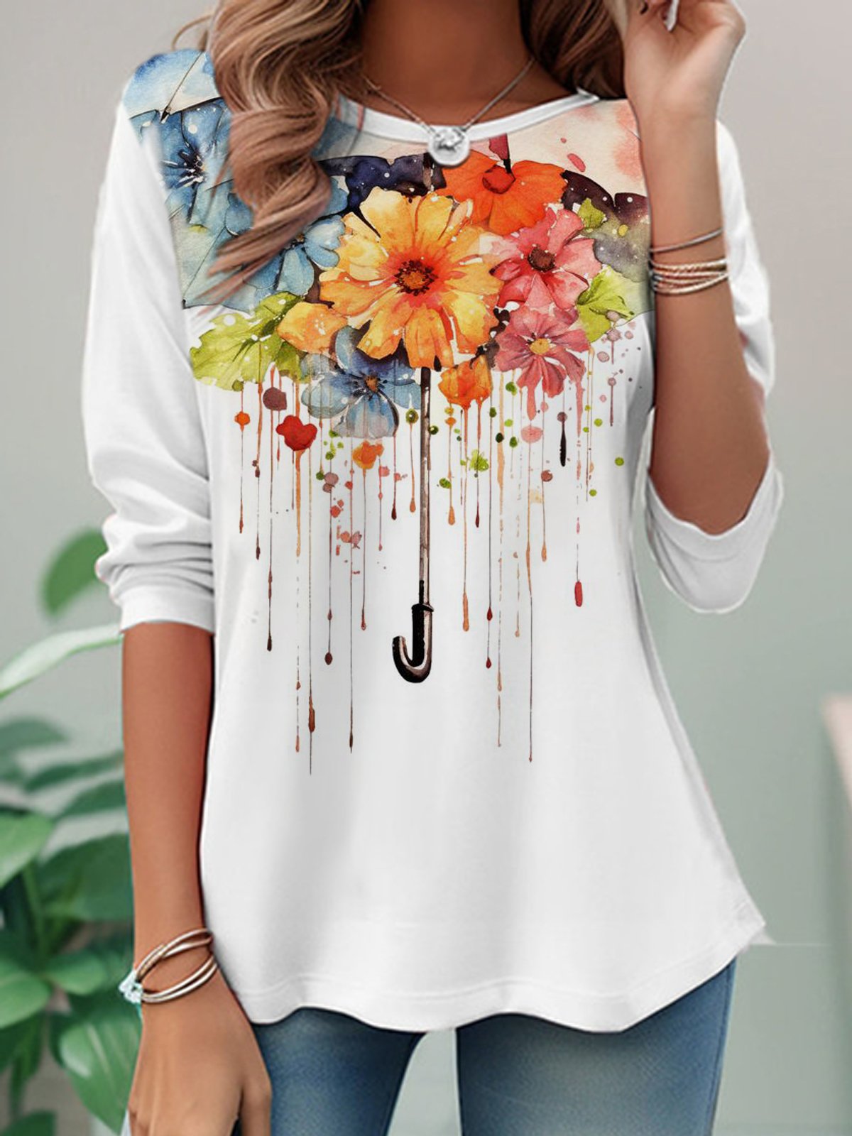Lässig Geblümt Rundhals Langarm T-Shirt