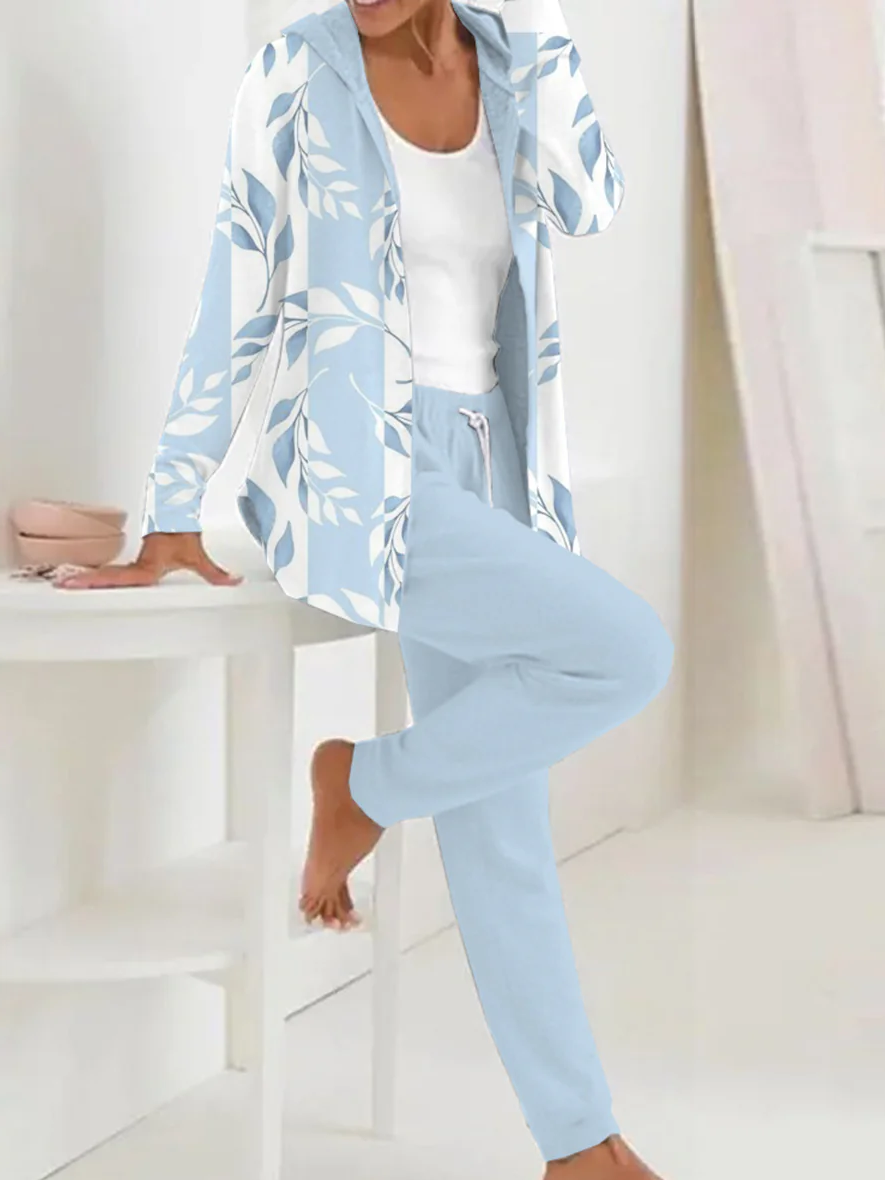 Damen Geblümt Kapuze Langarm Bequem Lässig Mantel mit Hosen Zweiteiliges Set