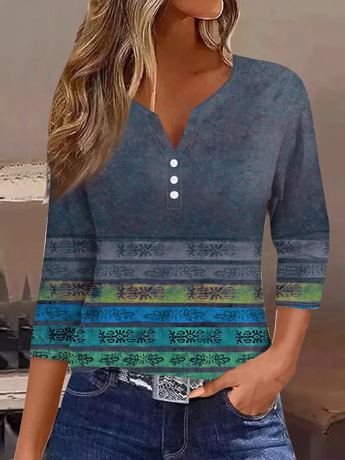 Lässig Gestreift Gekerbt Dreiviertelärmel T-Shirt