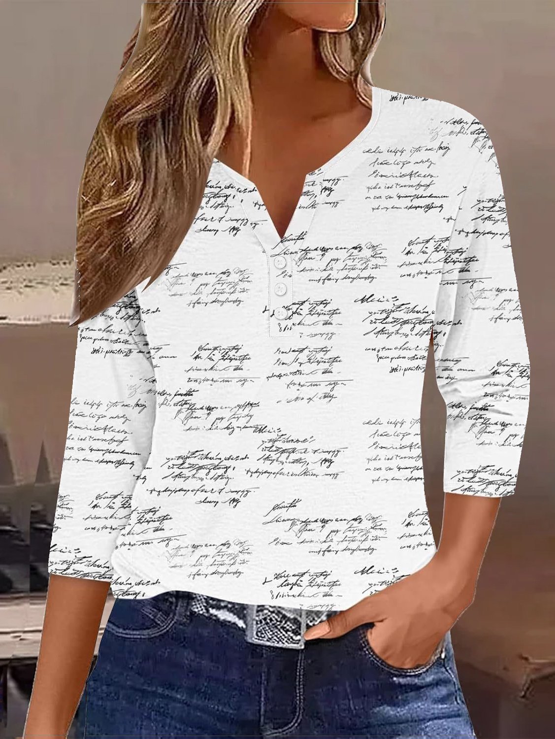 Lässig Gestreift Gekerbt Dreiviertelärmel T-Shirt