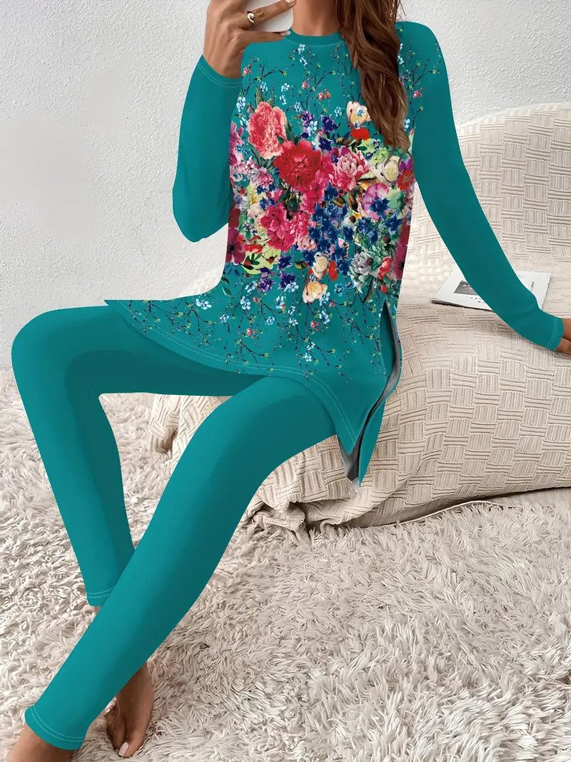Damen Geblümt Rundhals Langarm Bequem Lässig Bluse mit Hose Zweiteiliges Set