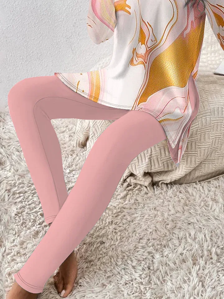 Damen Abstrakt Rundhals Langarm Bequem Lässig Bluse mit Hose Zweiteiliges Set