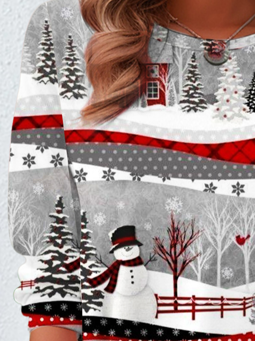 Retro Weihnachtsschneemann Rundhals Langarm T-Shirt